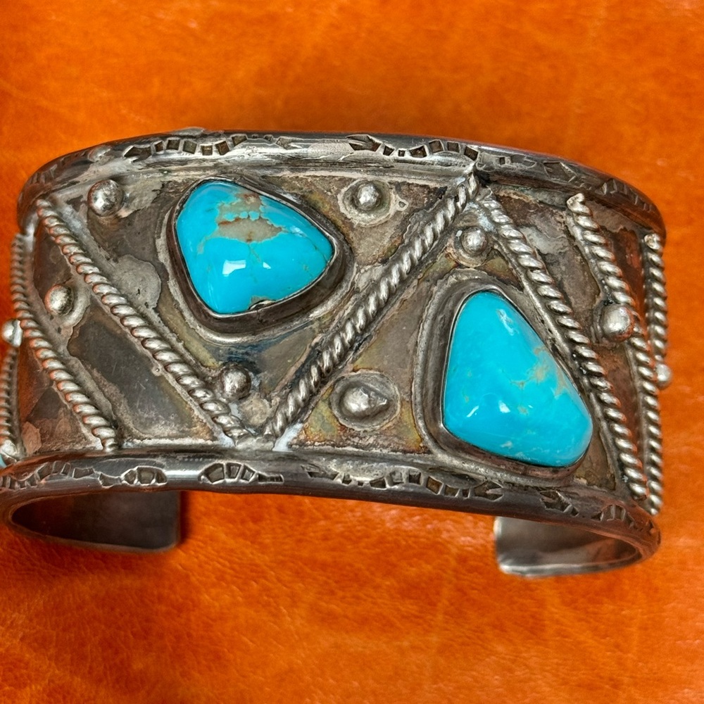 Men's Sterling silver turquoise cuff. Navajo- signed Ap on the inside of cuff.